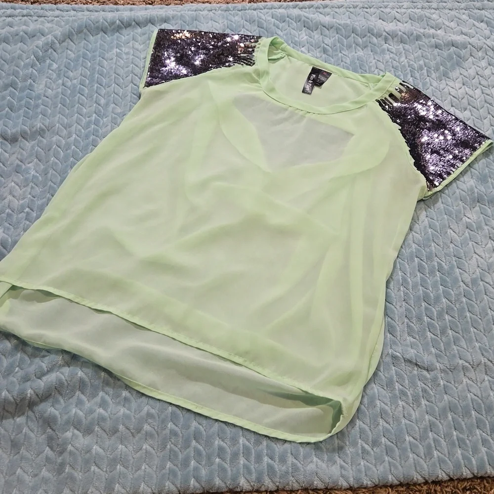 Sheer Green Top with Sequined Sleeves - Picture 1 of 6